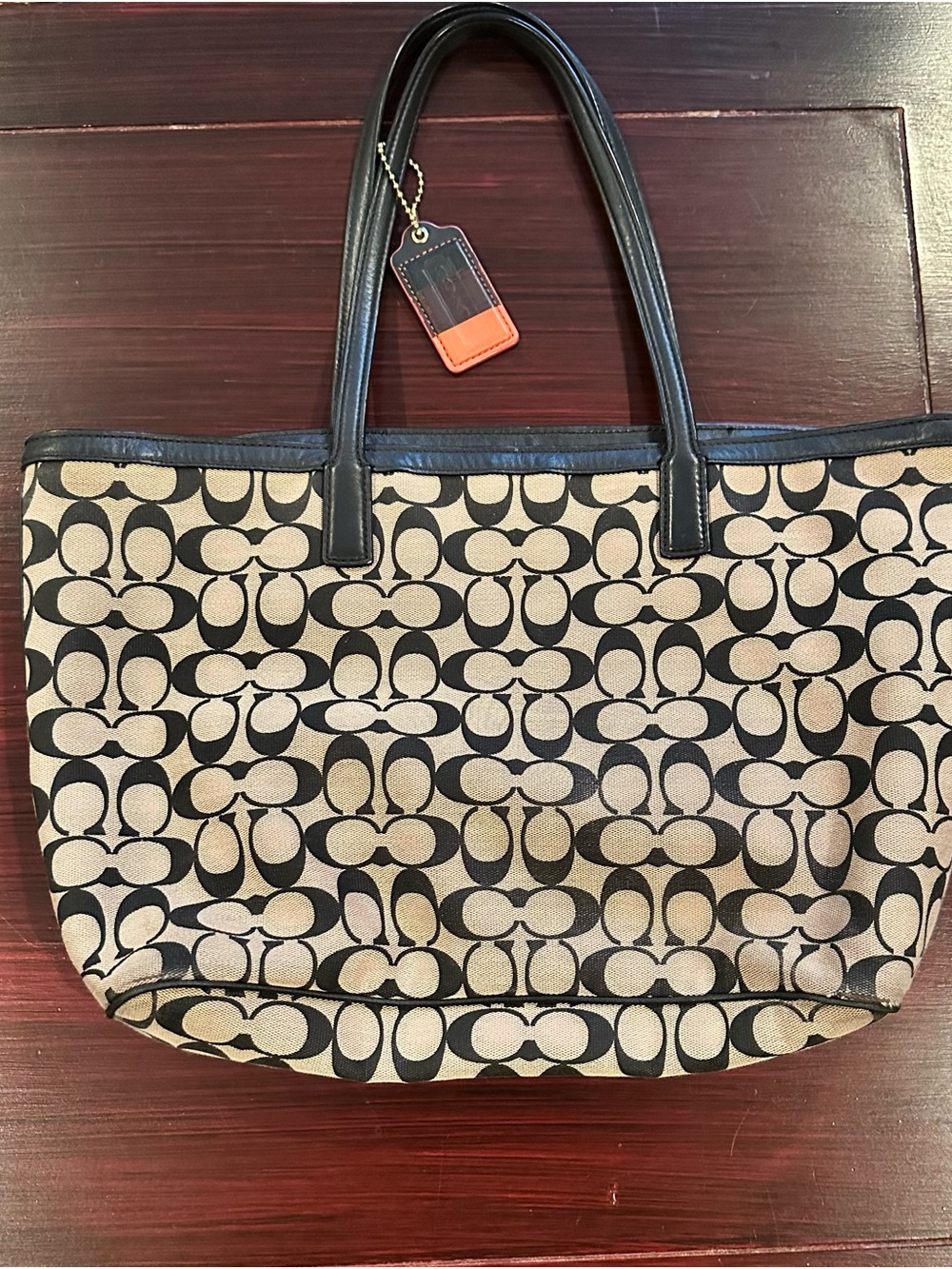Coach Tote with Black Trim and Khaki Signature Canvas